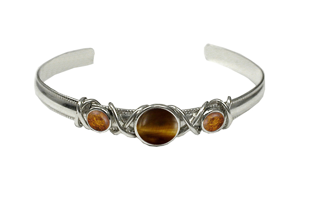 Sterling Silver Hand Made Cuff Bracelet With Tiger Eye And Amber